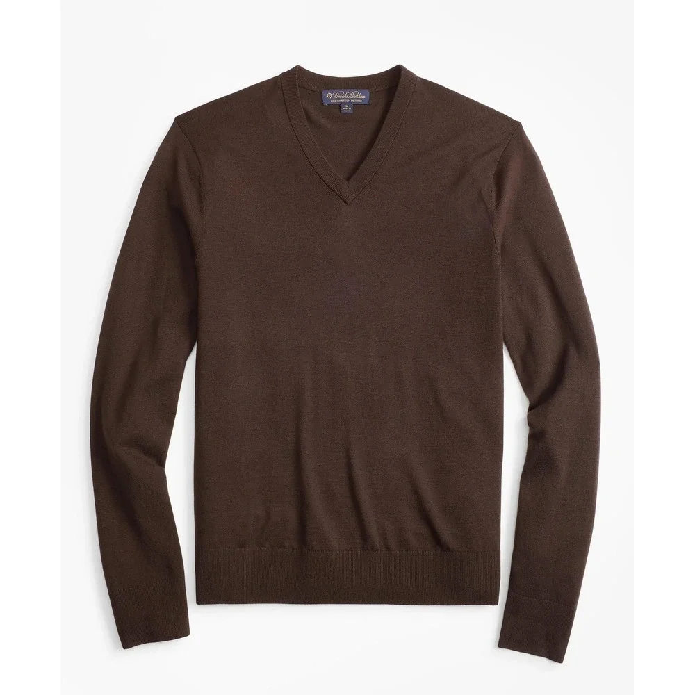 Brooks Brothers Mens Tech‎ Merino Wool V-Neck Sweater Brown Large RN93986
